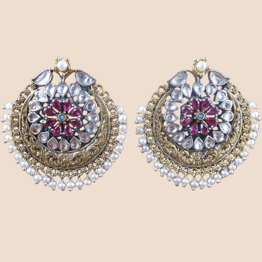 Dual Tone Kundan Earring with Semi Precious Stones