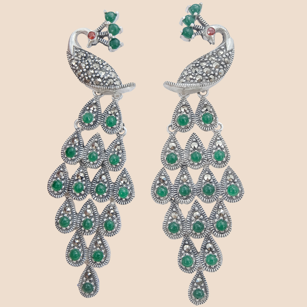 Peacock Marcasite Earrings with Emerald Stone