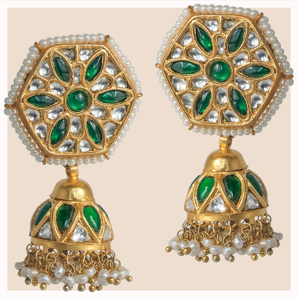 Gold Plated Jhumka with Emerald Stones