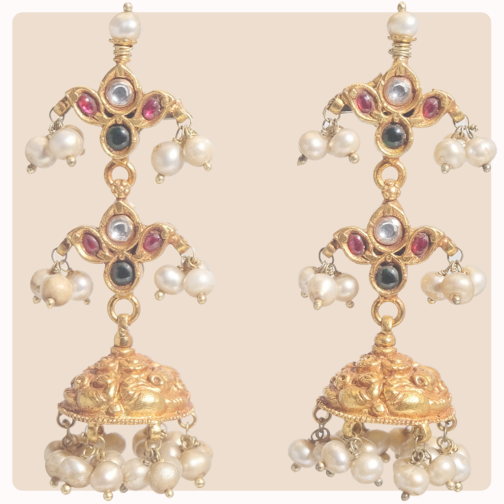 Gold Plated Kundan Earrings with Pearl Hanging