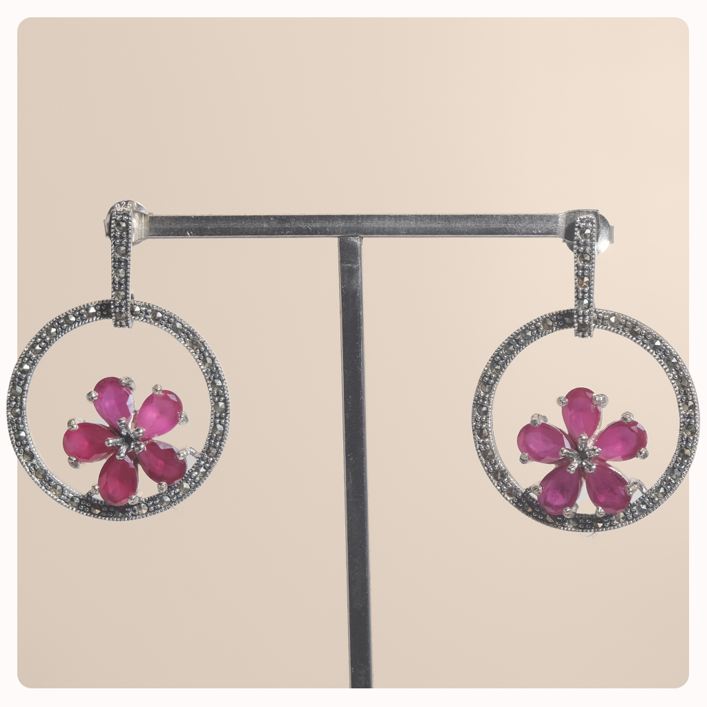 Marcasite Earrings with Red Ruby Stones