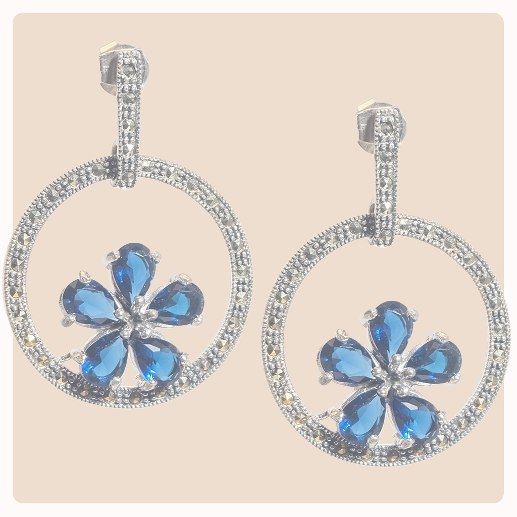 Marcasite Earrings with Blue Sapphire Stones