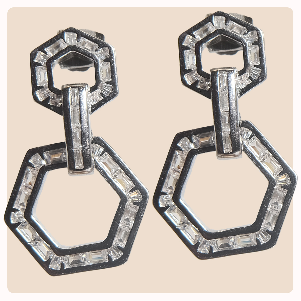 Hexagonal Drop Silver Earrings