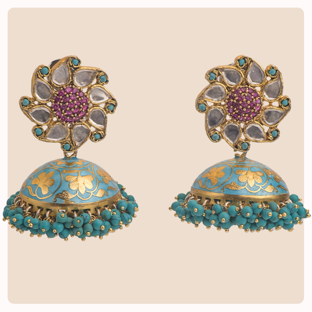 Enamel Work with Moissanite Stone and Turquoise Jhumka