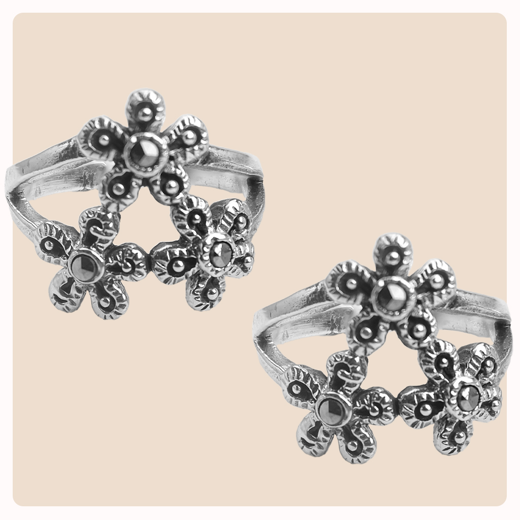 Adjustable Silver Toe Rings with Flower Designs