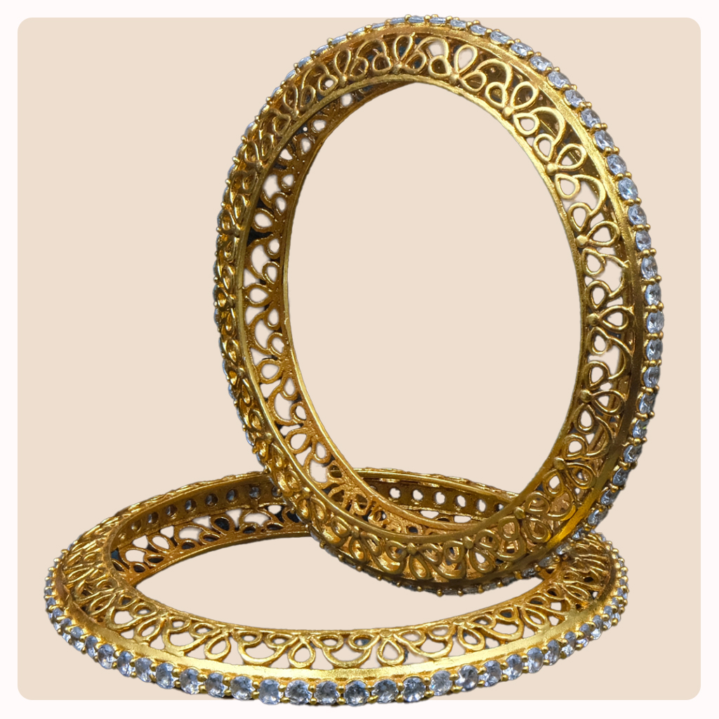 Pair Gold Plated Bangles with White Stone